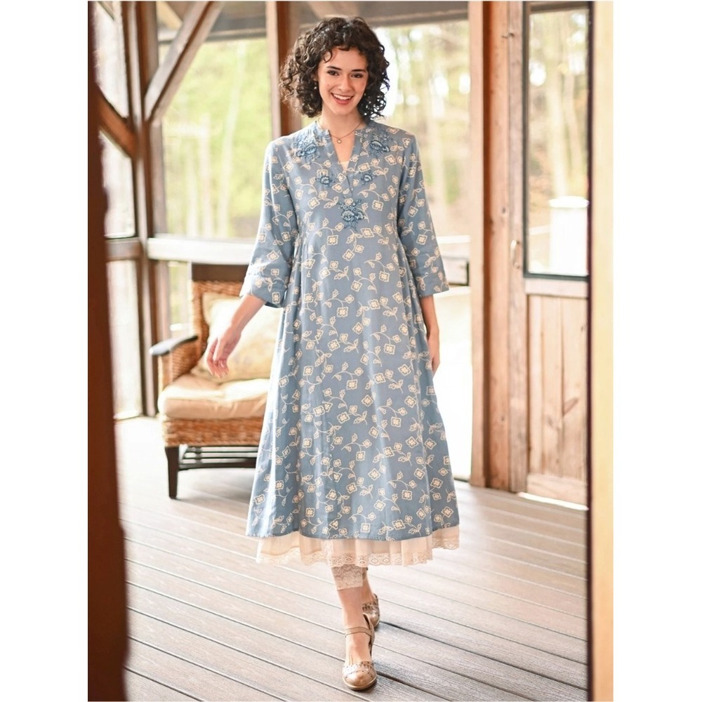 April Cornell Stay Home Today Dress XL Embroidered Floral Midi Cottagecore Boho